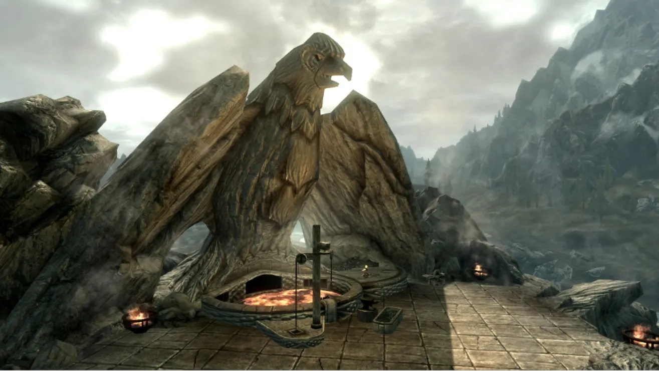 The Skyforge in Whiterun, from The Elder Scrolls V: Skyrim: a forge under a giant stone eagle